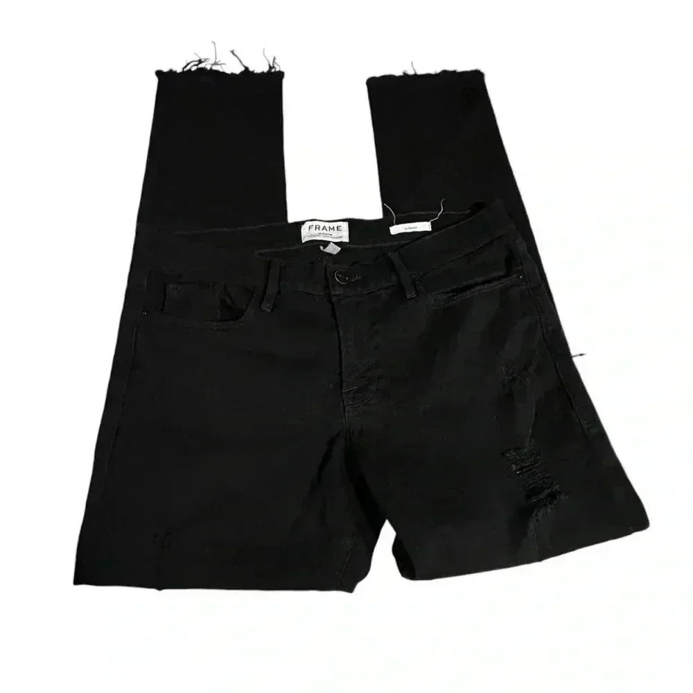 Frame Le Garçon Straight Distressed Black Jeans Cropped Size 29